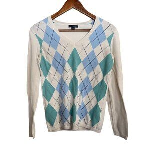 Tommy Hilfiger Womens White Blue Argyle Vneck Long Sleeve Sweater Size Small